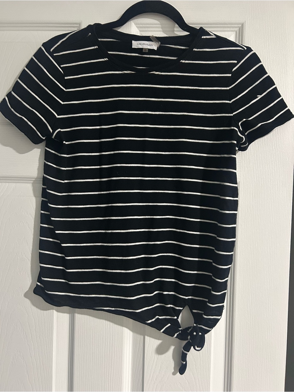 Calvin Klein Black and White Striped Short-Sleeve Tie-Hem Tee